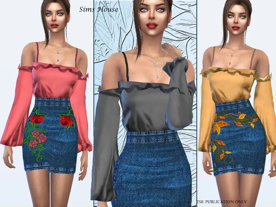 Silk blouse denim skirt