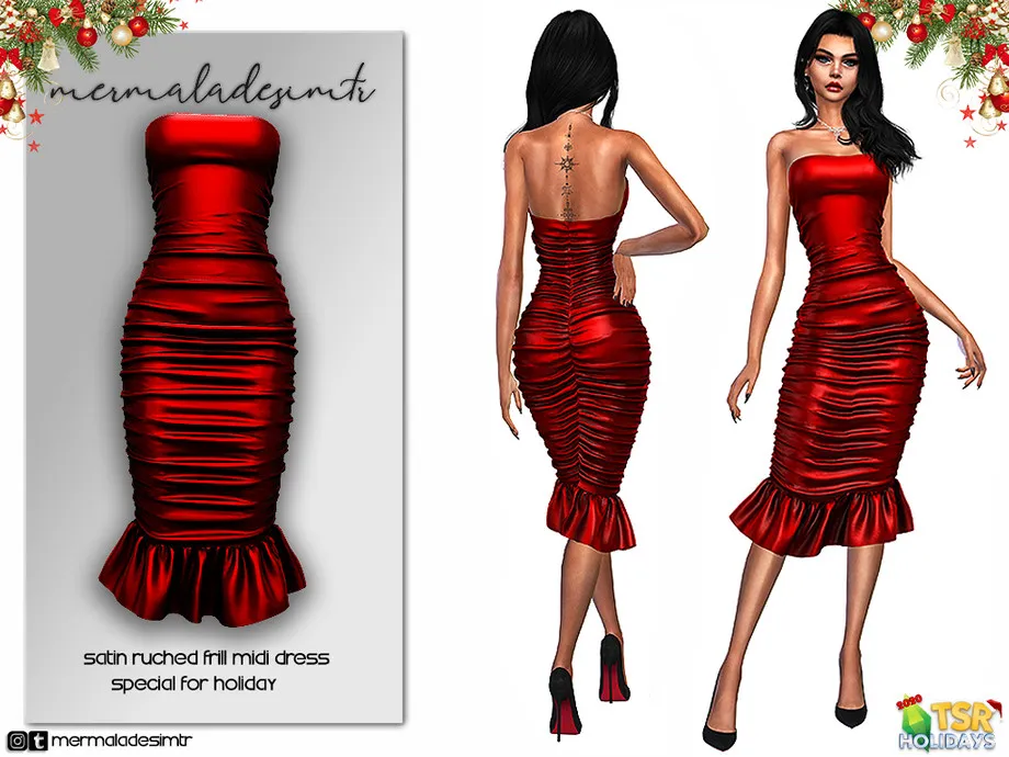 2020 Holiday Collab-Satin Ruched Frill Midi Dress