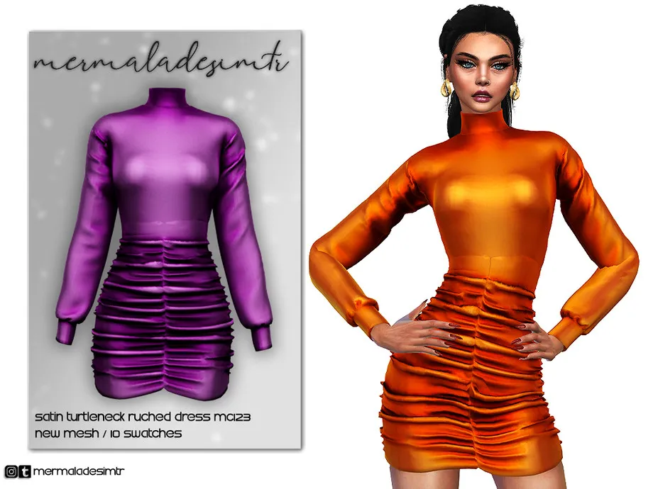 Satin Turtleneck Ruched Dress MC123
