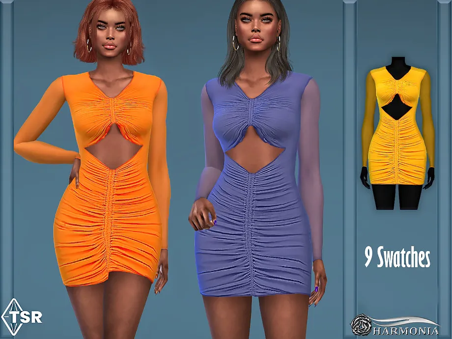 Ruched Mesh Long Sleeve Cutout Mini Dress