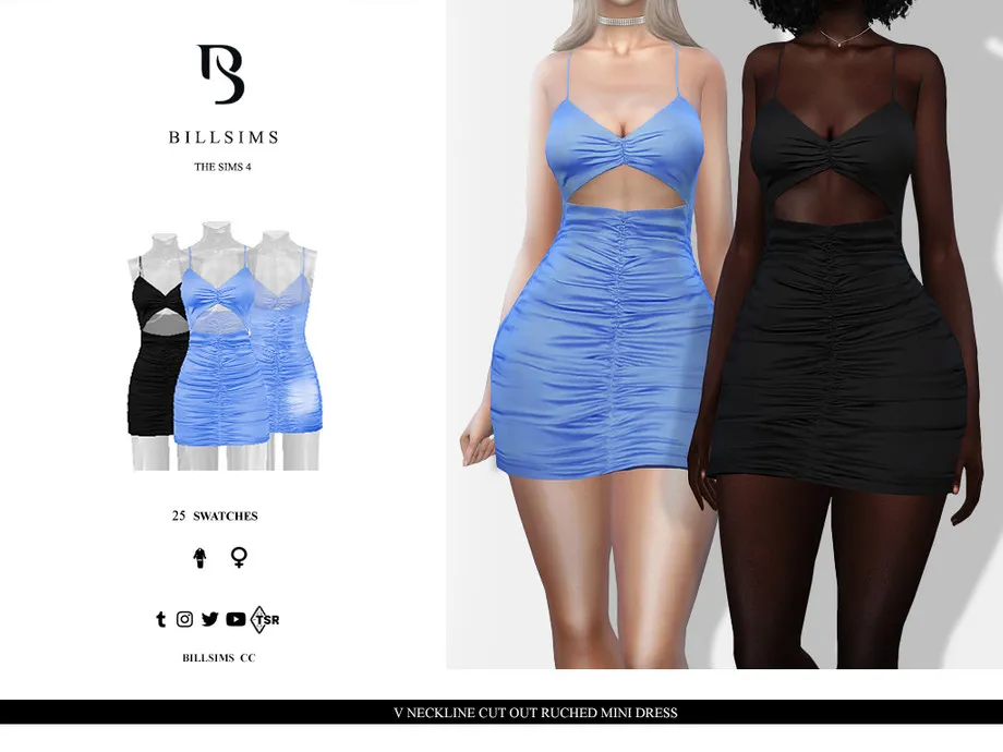 V Neckline Cut Out Ruched Mini Dress