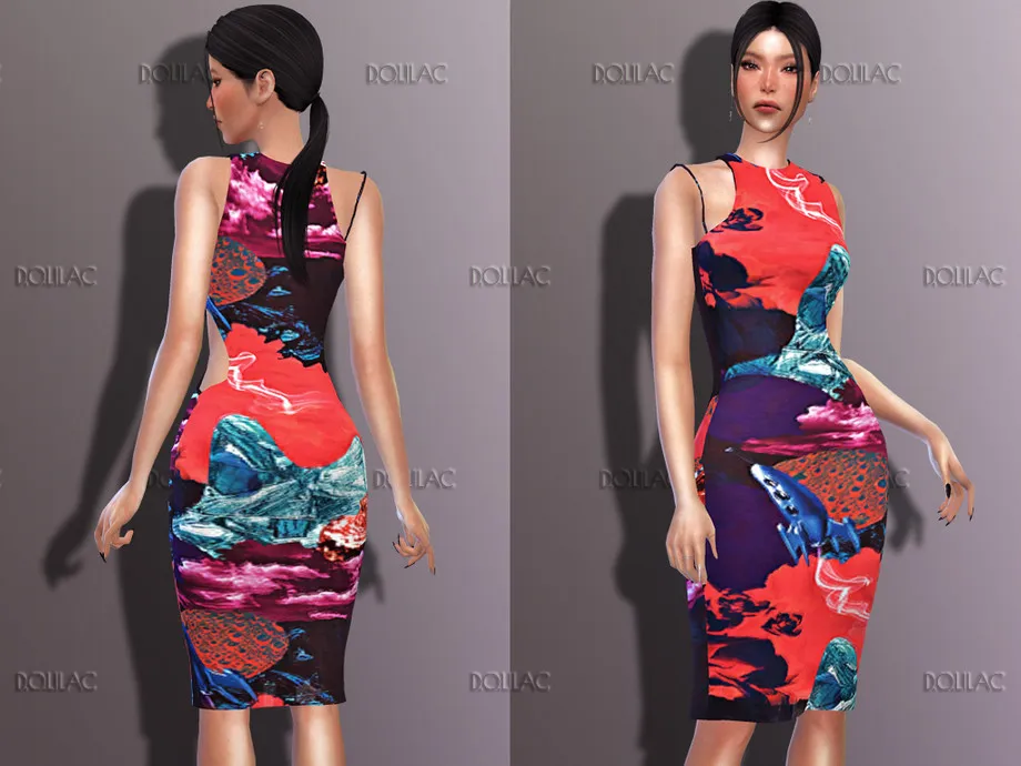 Collage Print Cutout Midi Dress DO224