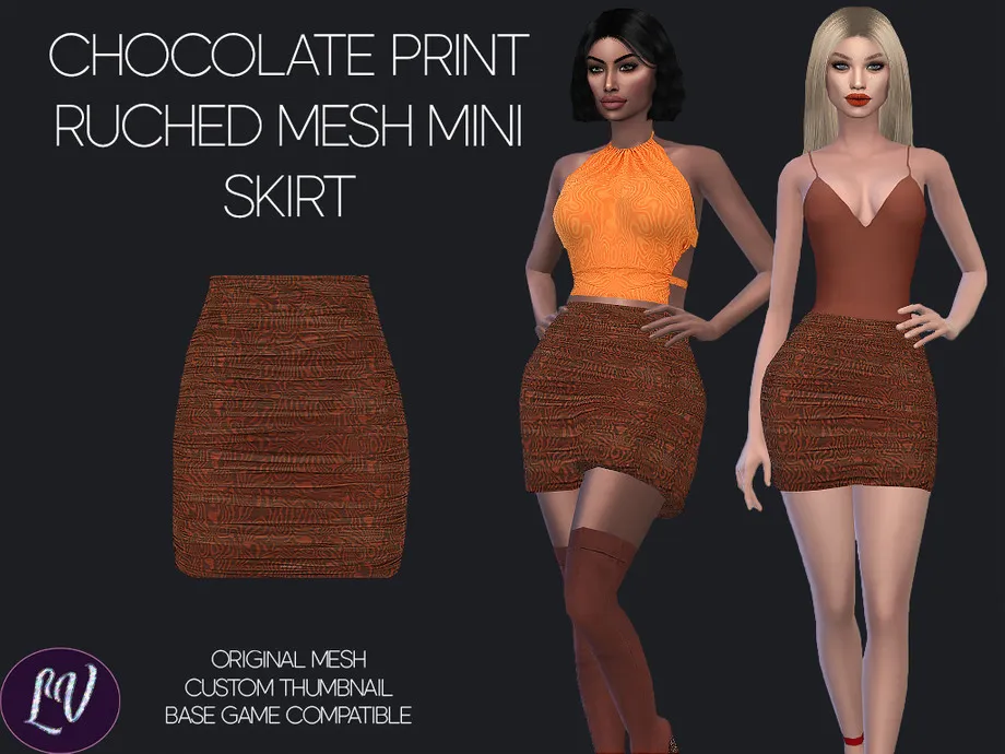 CHOCOLATE PRINT RUCHED MESH MINI SKIRT