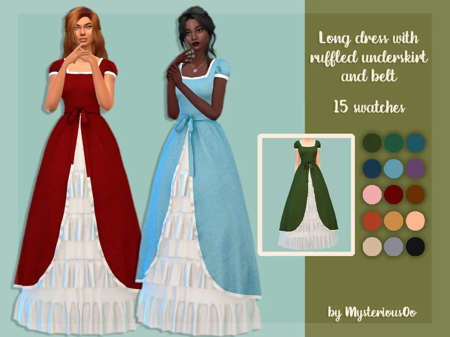 Long dress with ruffled underskirt and belt