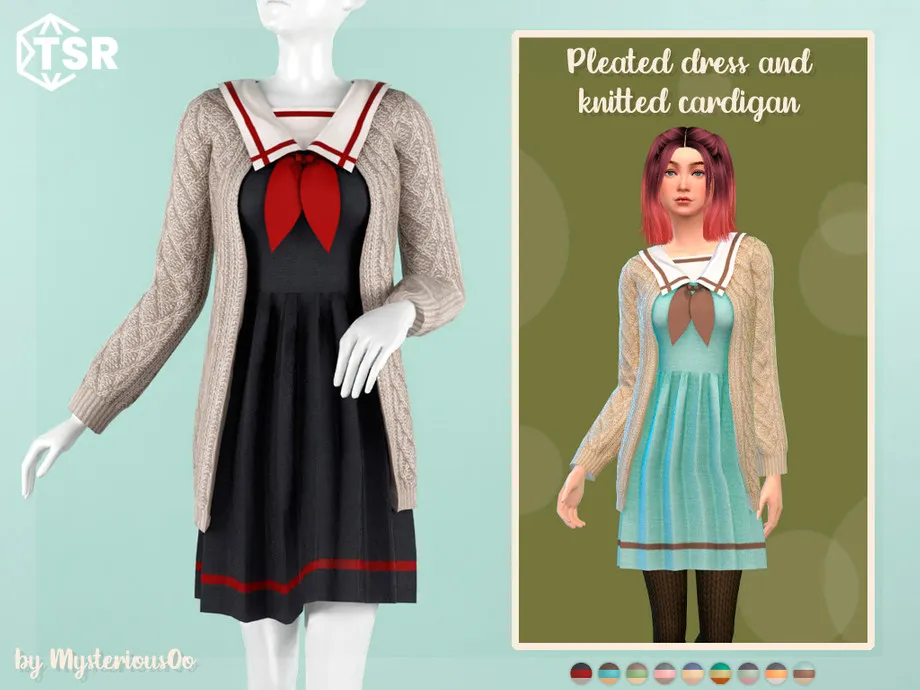 Pleated dress and knitted cardigan
