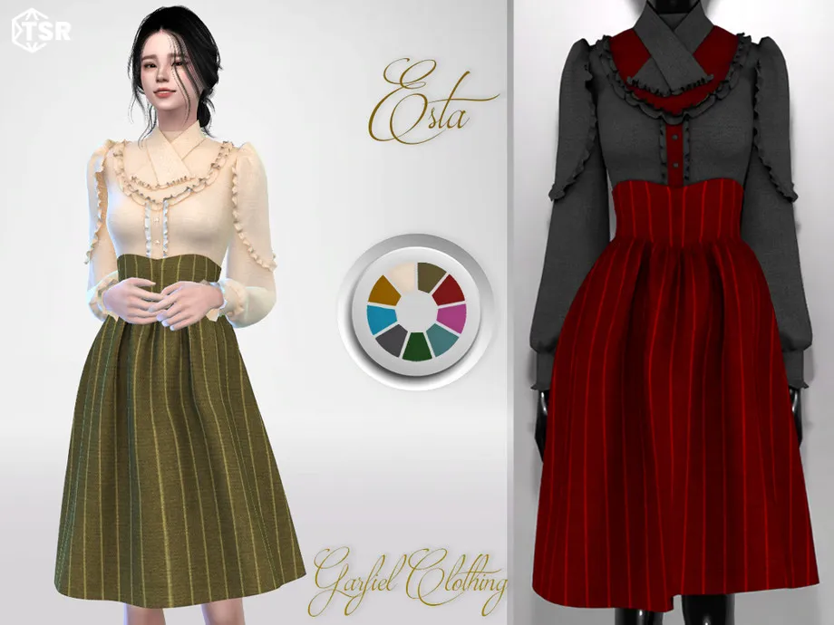 Esta -  Vintage ruffled blouse and striped skirt