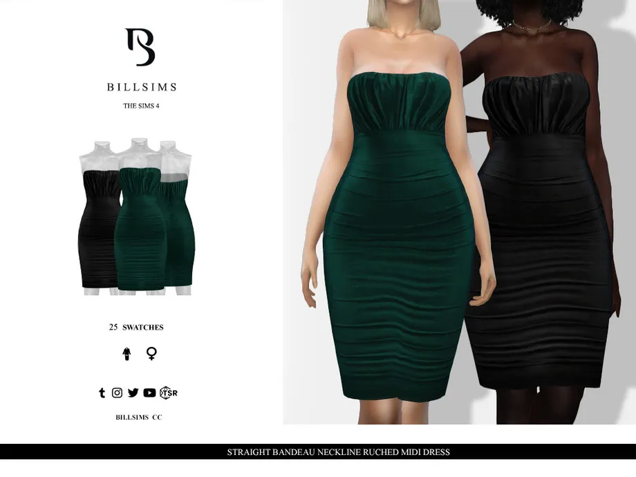 Straight Bandeau Neckline Ruched Midi Dress