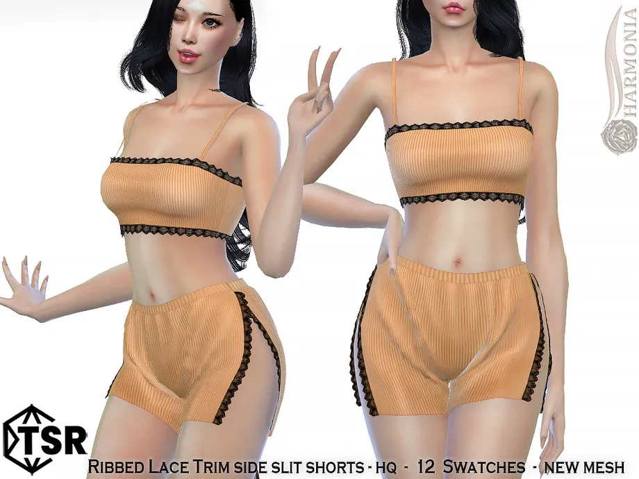 Ribbed Lace Trim Side Slit Shorts