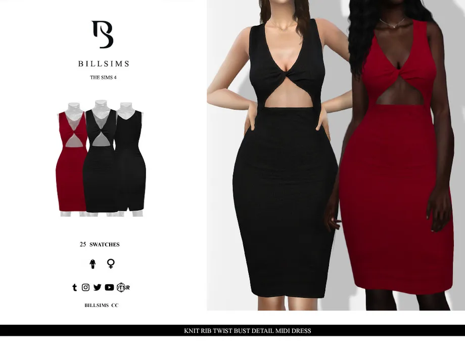 Knit Rib Twist Bust Detail Midi Dress