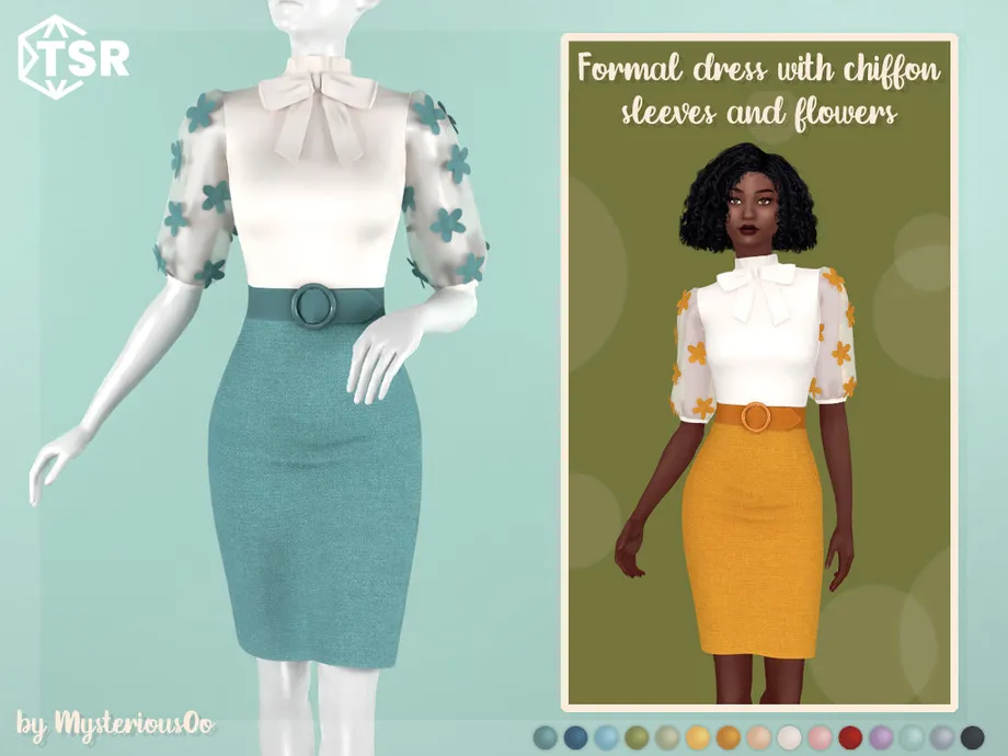 Formal dress with chiffon sleeves and flowers