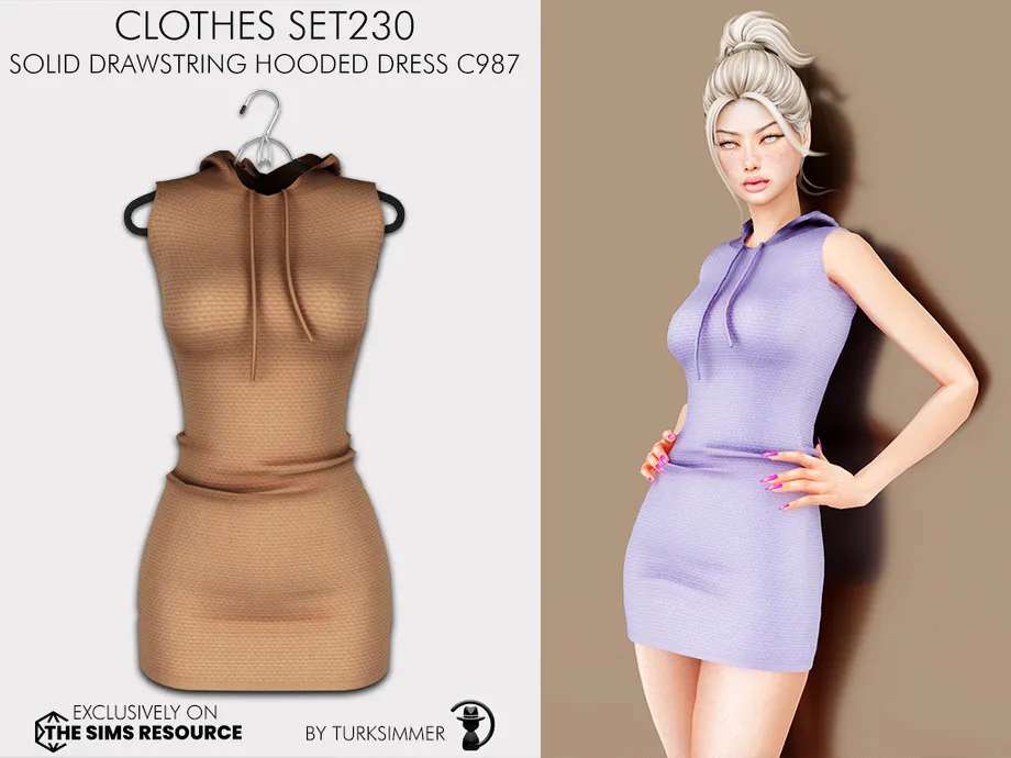 Clothes SET230 - Solid Drawstring Hooded Dress C987