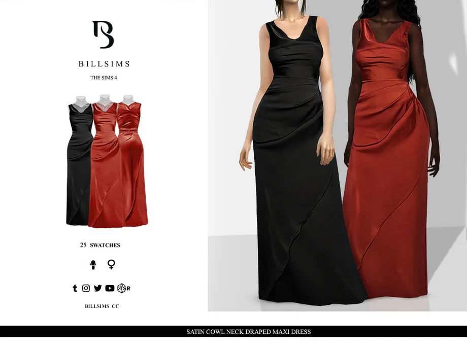 Satin Cowl Neck Draped Maxi Dress