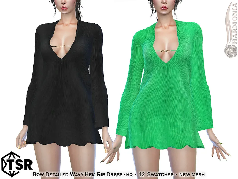 Bow Detailed Wavy Hem Rib Dress