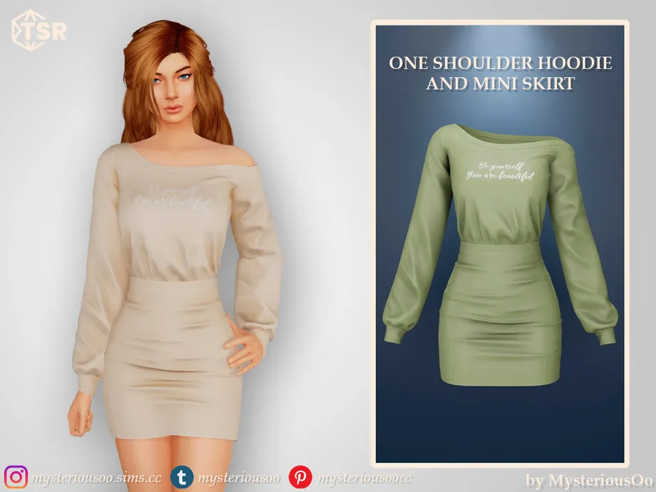 One shoulder hoodie and mini skirt
