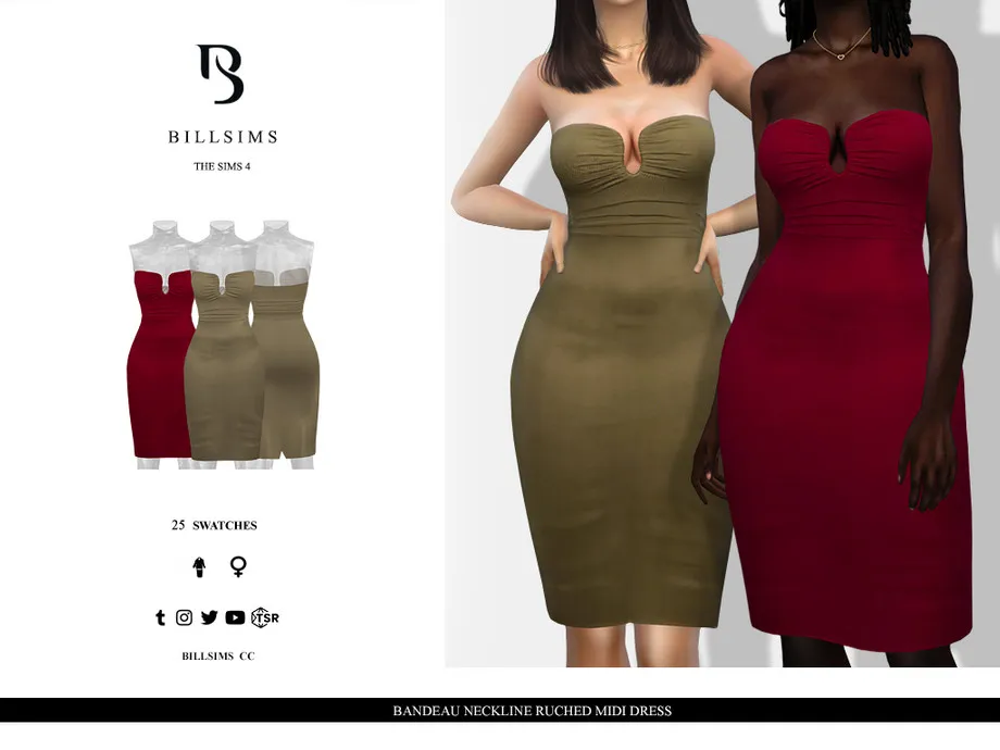 Bandeau Neckline Ruched Midi Dress