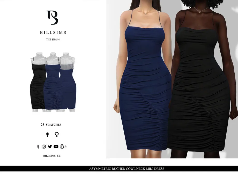 Asymmetric Ruched Cowl Neck Midi Dress