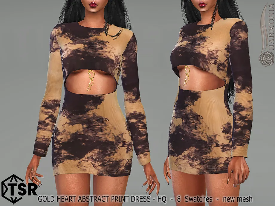 Gold Heart Detail Abstract Rib Dress