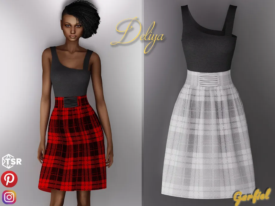 Deliya - Plaid tie skirt and asymmetric top