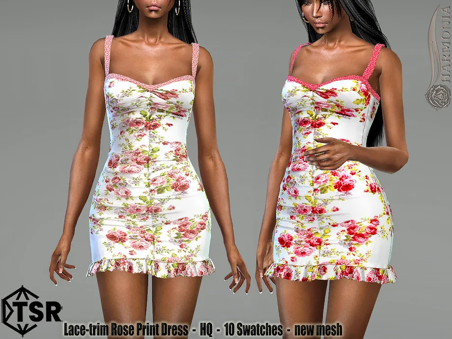 Lace-trim Rose Print Dress