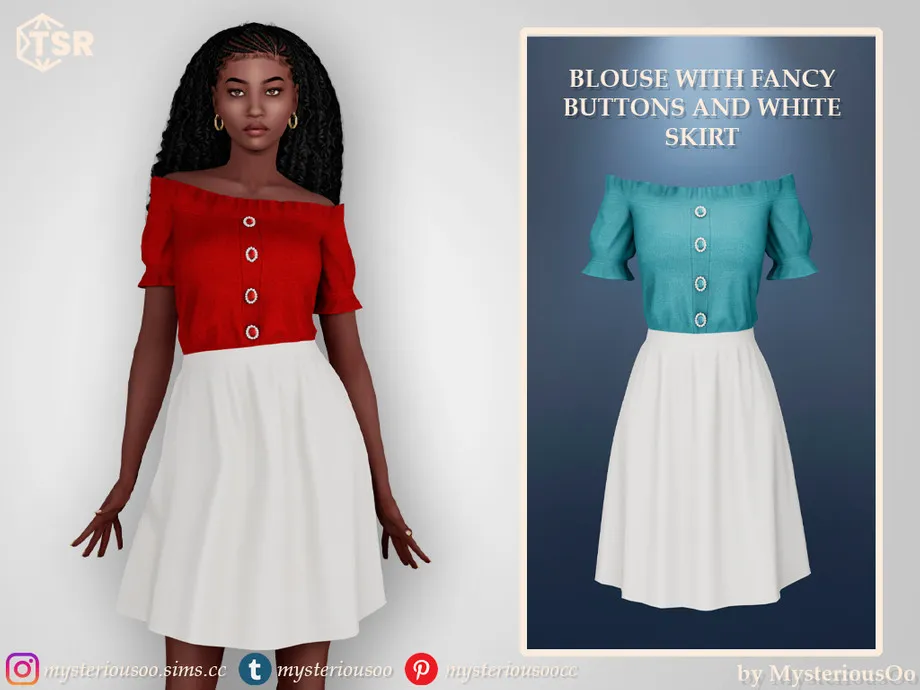 Blouse with fancy buttons and white skirt