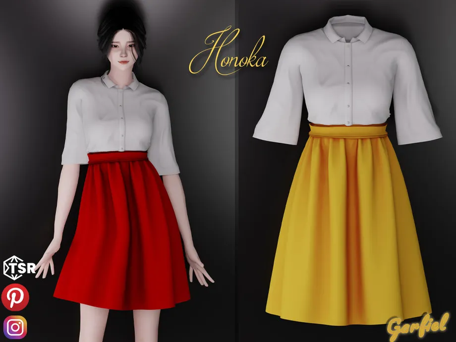 Honoka -  White short sleeve shirt with a bright skirt