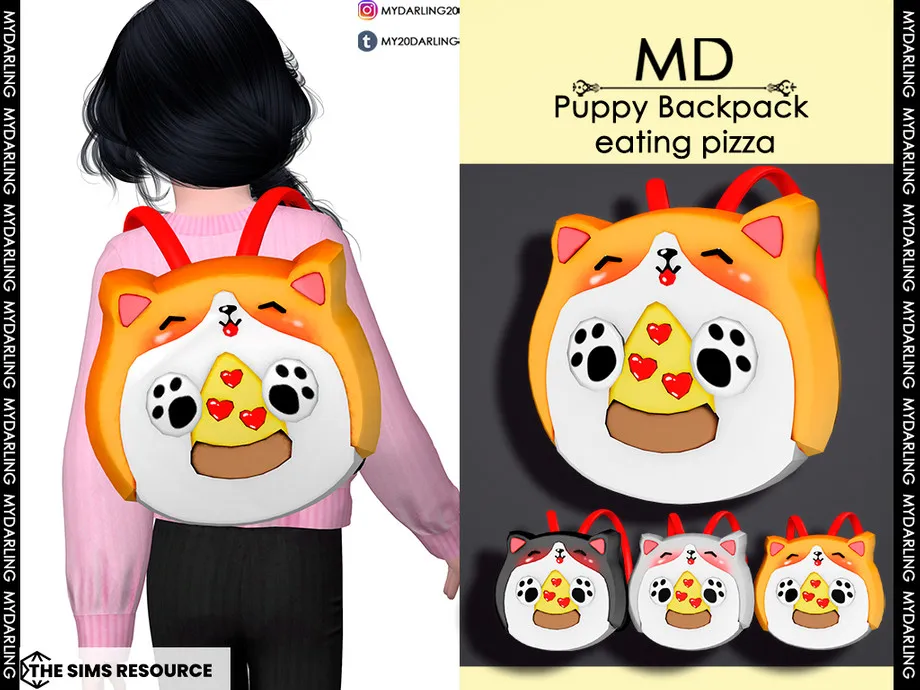 Puppy backpack eating pizza child