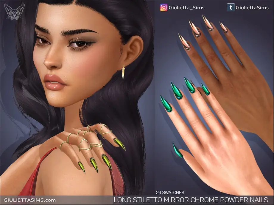 Long Stiletto Mirror Chrome Powder Nails