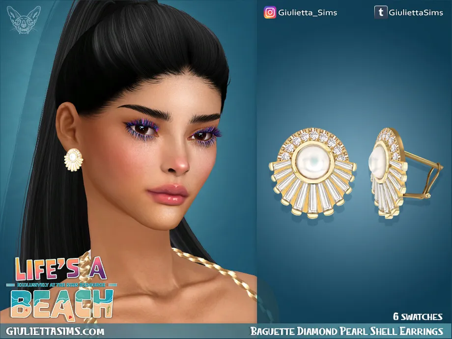 Life's a Beach - Baguette Diamonds Pearl Shell Earrings