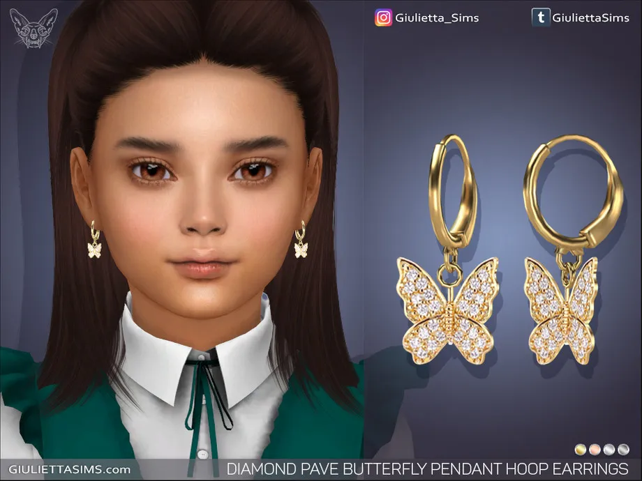 Diamond Pave Butterfly Pendant Hoop Earrings For Kids